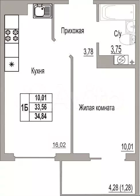 1-к. квартира, 34,8 м, 9/9 эт. - Фото 0