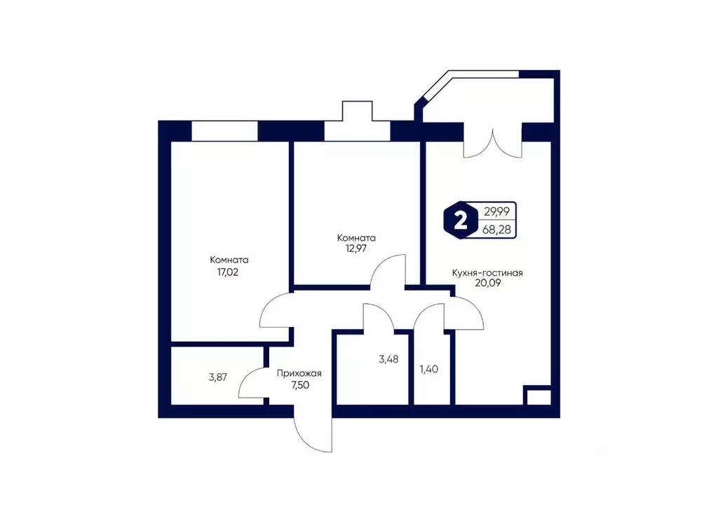 Квартира, 2 комнаты, 68.28 м - Фото 1
