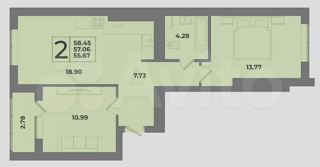 2-к. квартира, 59 м, 7/9 эт. - Фото 1