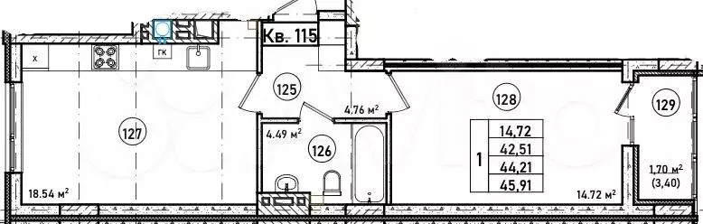 1-к. квартира, 44м, 6/7эт. - Фото 1