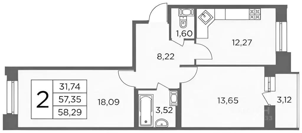 2-к кв. Санкт-Петербург ул. Александра Матросова, 8к4 (58.5 м) - Фото 1