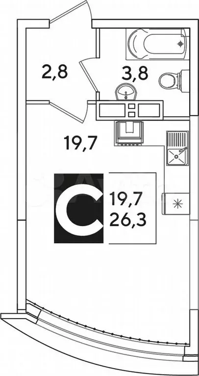 Квартира-студия, 26,3м, 15/16эт. - Фото 1