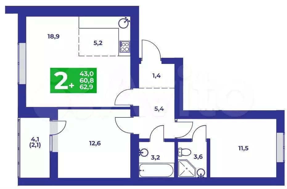 2-к. квартира, 62,9 м, 1/9 эт. - Фото 0