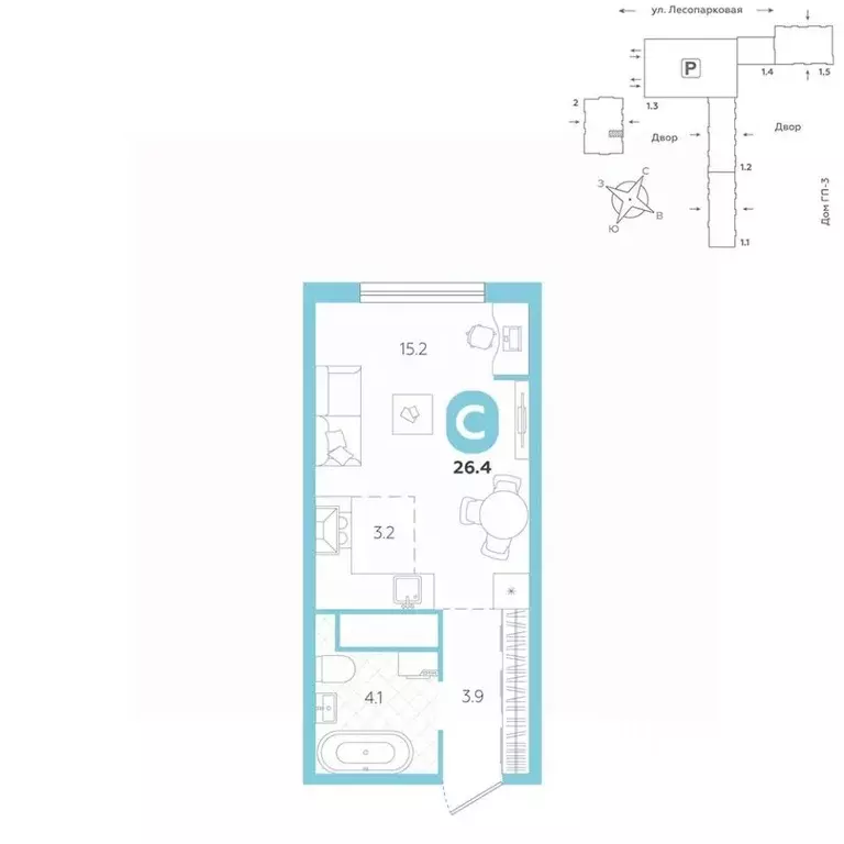 Студия Тюменская область, Тюмень ул. Лесопарковая, 20 (26.4 м) - Фото 1