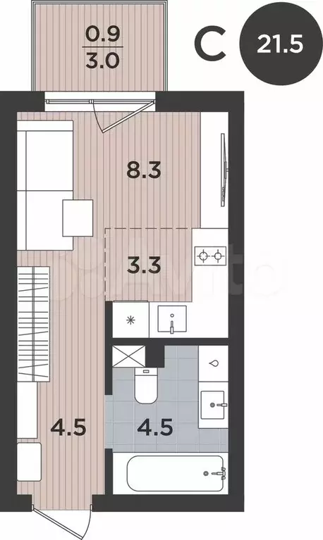 1-к. квартира, 21,5 м, 1/9 эт. - Фото 1