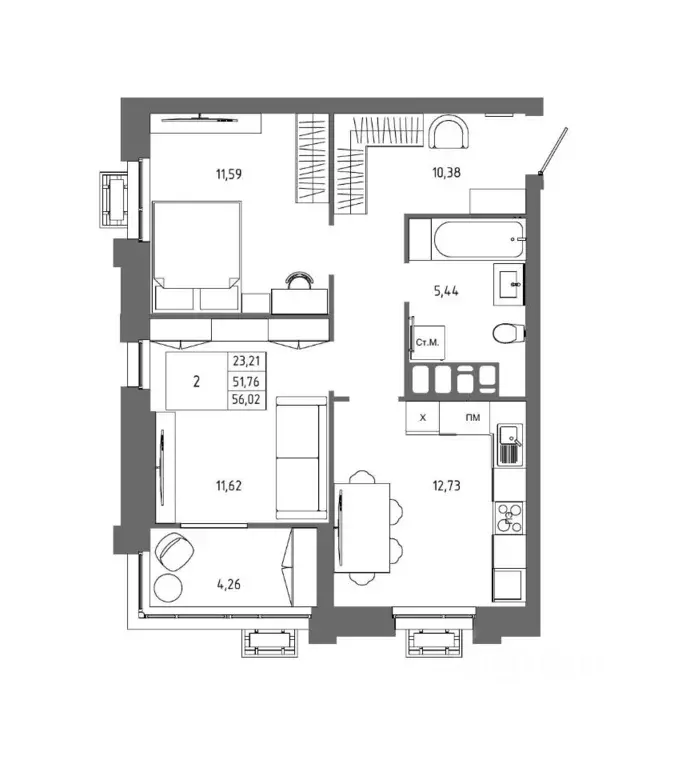 2-к кв. Волгоградская область, Волгоград 127-й кв-л,  (56.02 м) - Фото 1