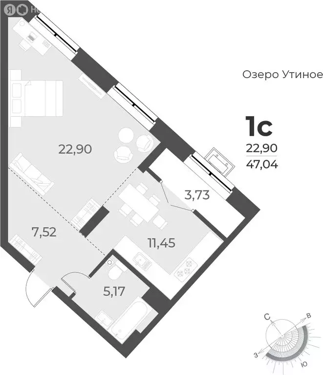 1-комнатная квартира: Новосибирск, улица Лобачевского, 51/1 (47 м) - Фото 0