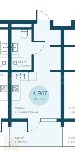 Апартаменты-студия, 24,5 м, 9/16 эт. - Фото 1