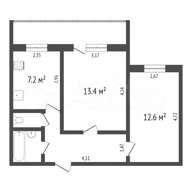 2-к. квартира, 43,6 м, 2/9 эт. - Фото 0