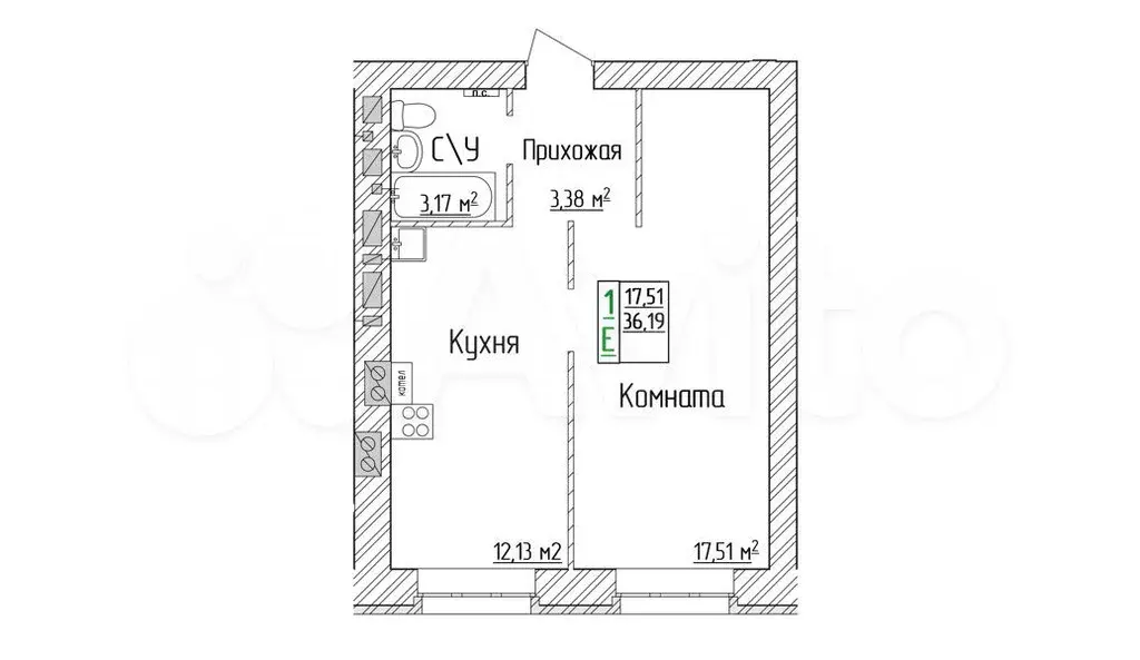 1-к. квартира, 36,2 м, 5/6 эт. - Фото 1