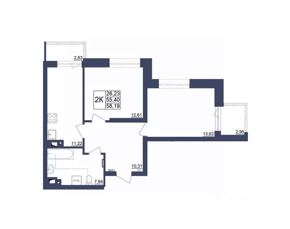 2-к кв. Башкортостан, Уфа Космос жилой комплекс, лит1 (55.81 м) - Фото 1