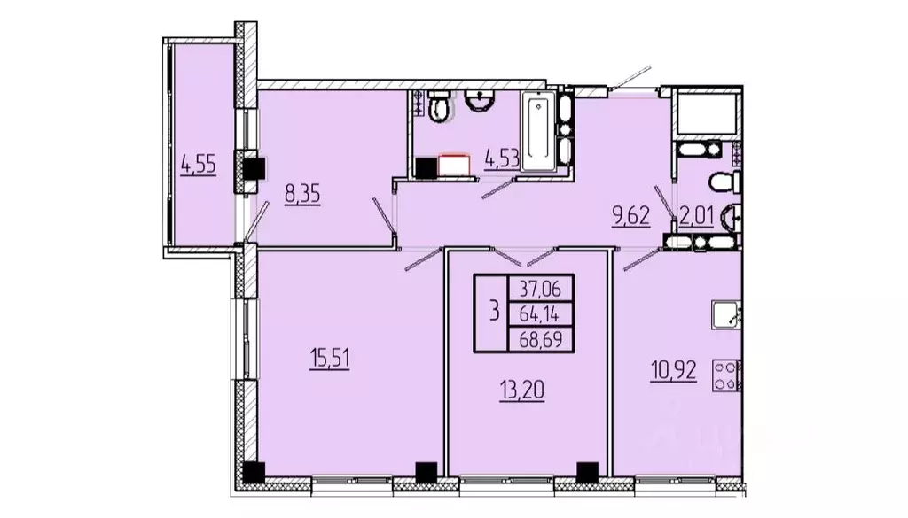 3-к кв. Омская область, Омск Волгоградская ул., с3 (68.69 м) - Фото 1