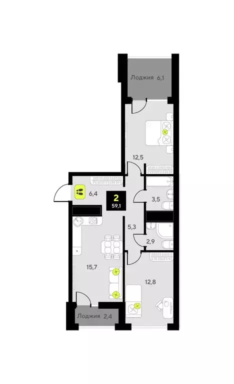 2-комнатная квартира: Тюмень, улица Первооткрывателей, 9 (59.1 м) - Фото 1
