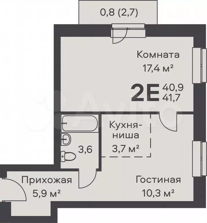 2-к. квартира, 41,7 м, 1/6 эт. - Фото 0