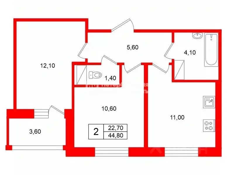 2-к кв. Санкт-Петербург ул. Среднерогатская, 13к2 (44.8 м) - Фото 2