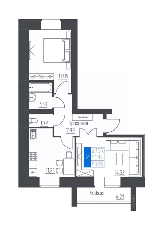 2-к кв. Башкортостан, Октябрьский просп. Ленина, 84 (53.95 м) - Фото 1