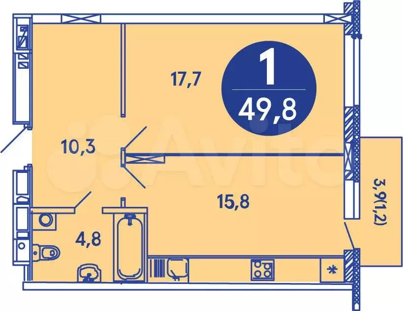 1-к. квартира, 49,8м, 8/8эт. - Фото 0