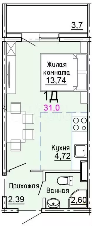 Квартира-студия, 31 м, 8/17 эт. - Фото 0