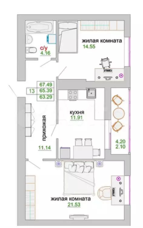 2-к. квартира, 66 м, 3/9 эт. - Фото 1