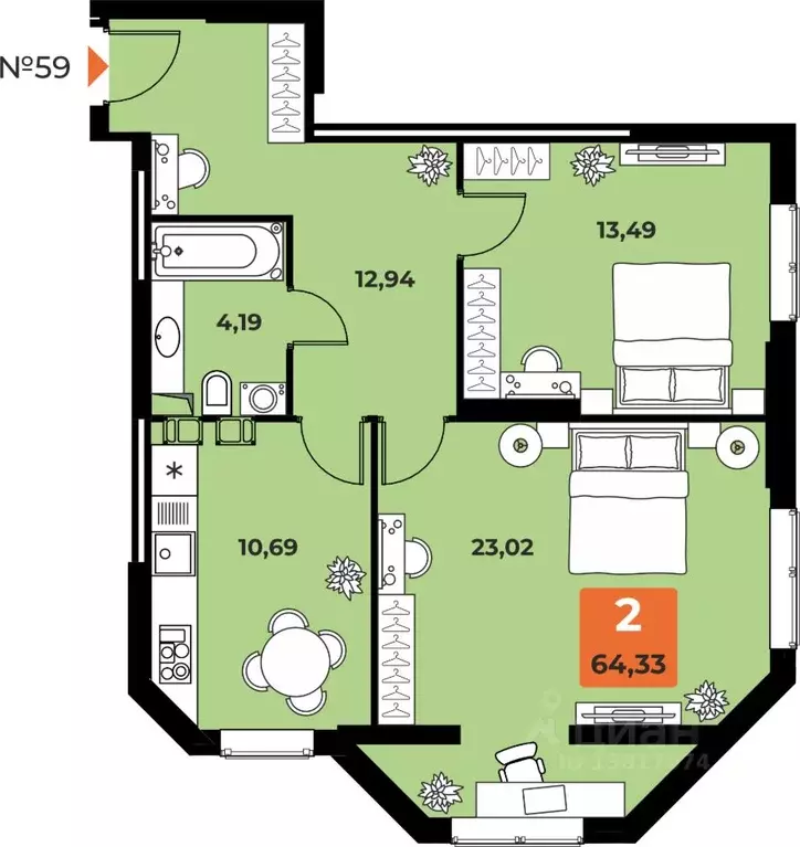 2-к кв. Самарская область, Самара просп. Карла Маркса, 231Б (63.0 м) - Фото 1