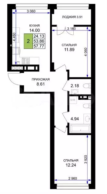 2-к. квартира, 57,8 м, 7/7 эт. - Фото 1