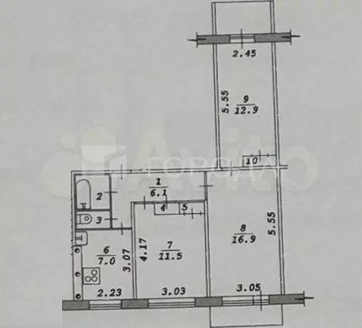 3-к. квартира, 59,7 м, 6/9 эт. - Фото 0