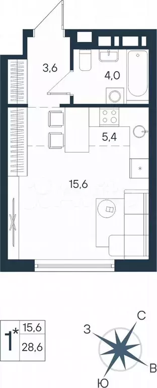 Квартира-студия, 28,6 м, 2/15 эт. - Фото 0