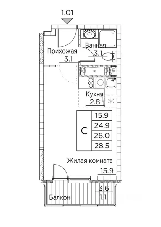 Студия Приморский край, Владивосток ул. Расула Гамзатова, 7к3 (28.5 м) - Фото 0
