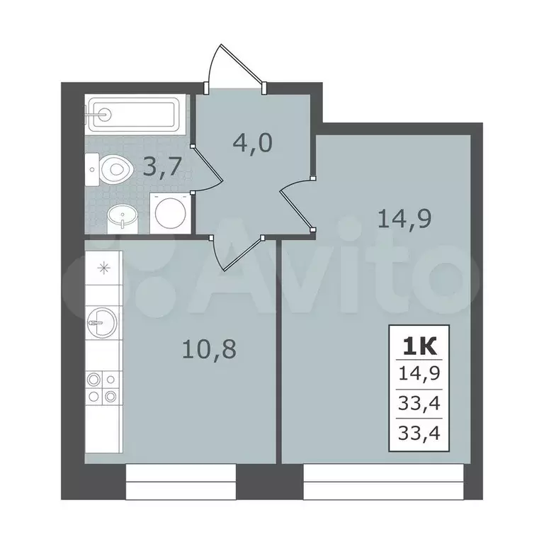 1-к. квартира, 33,4 м, 1/5 эт. - Фото 0