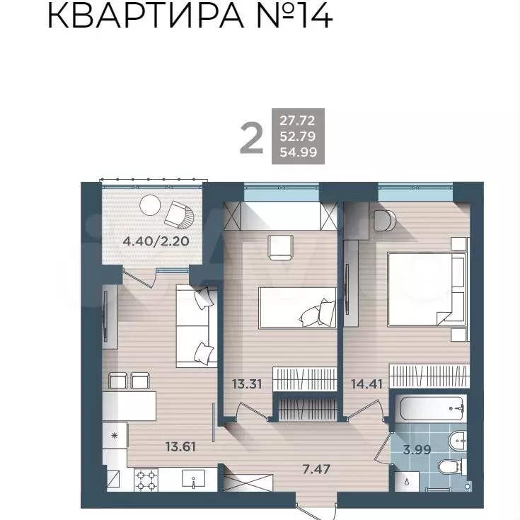 2-к. квартира, 55,6 м, 2/4 эт. - Фото 1