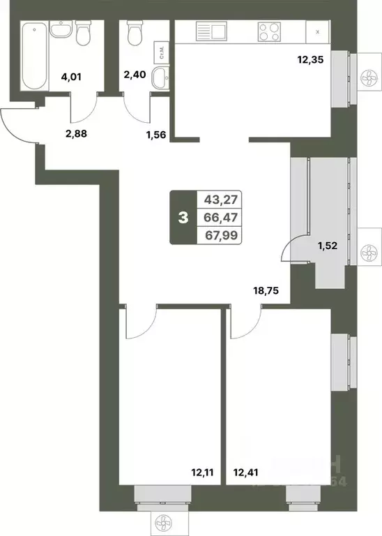 3-к кв. Башкортостан, Уфимский район, с. Миловка  (67.99 м) - Фото 1