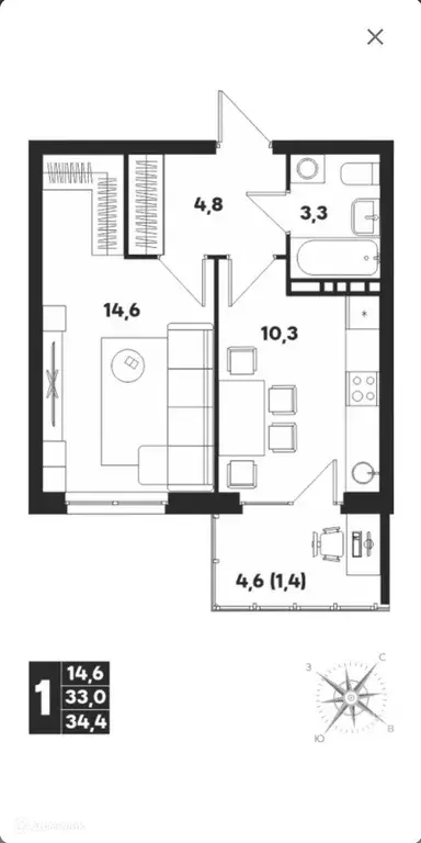 Продаётся 1-к квартира, 34.4 м - Фото 0