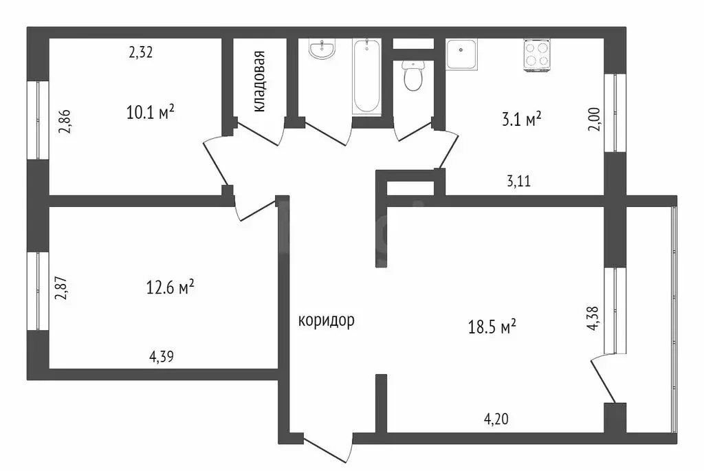 3-комнатная квартира: Тобольск, 1-я Луговая улица, 42 (54 м) - Фото 0