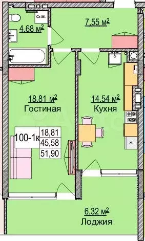 1-к. квартира, 53,5 м, 2/6 эт. - Фото 1