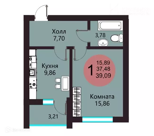 Продаётся 1-к квартира, 39.09 м - Фото 1