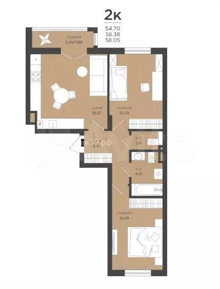2-к. квартира, 56,4 м, 1/4 эт. - Фото 1