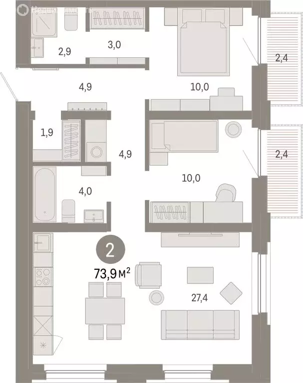 2-комнатная квартира: Тюмень, Мысовская улица, 26к2 (73.92 м) - Фото 1