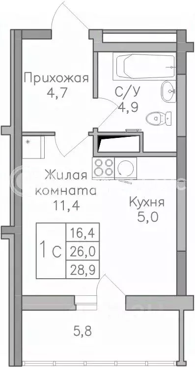 Студия Воронежская область, Воронеж Поколение жилой комплекс (28.9 м) - Фото 1