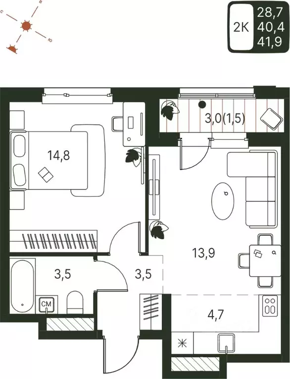 Студия Пермский край, Пермь ул. Серебристая, 1 (41.9 м) - Фото 1