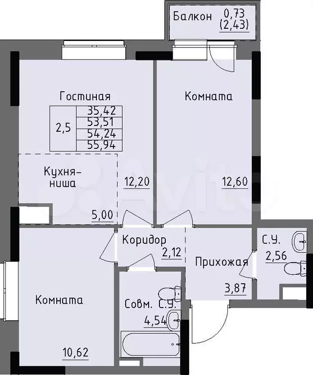 2-к. квартира, 54,2 м, 2/17 эт. - Фото 0