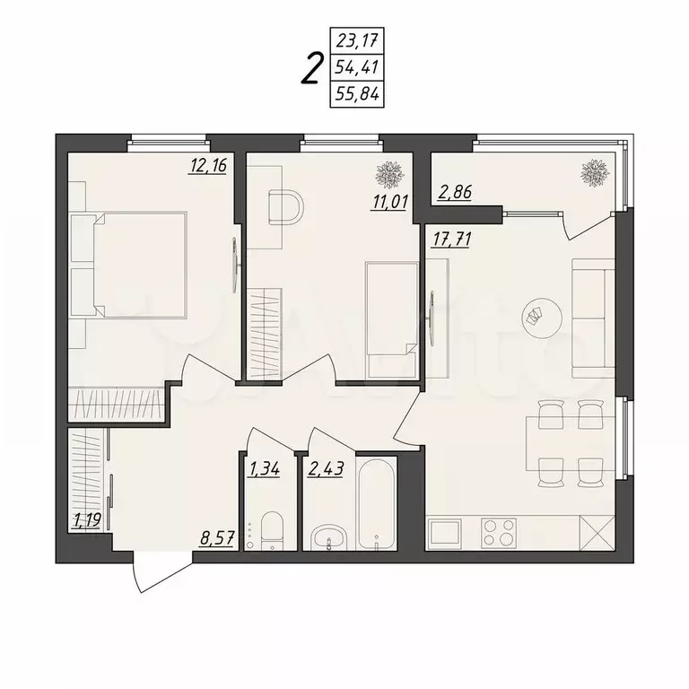2-к. квартира, 55,8 м, 2/10 эт. - Фото 0