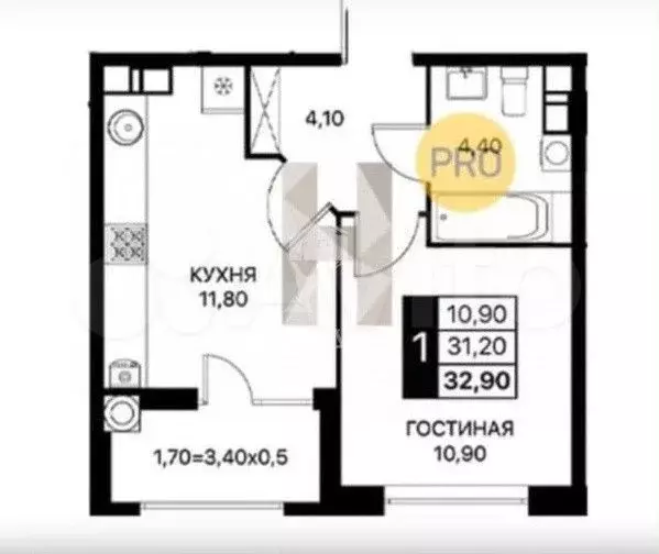1-к. квартира, 31,2 м, 2/21 эт. - Фото 0