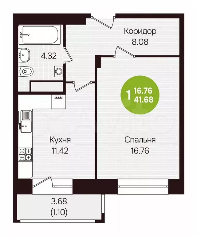 1-к. квартира, 41,7 м, 4/12 эт. - Фото 0