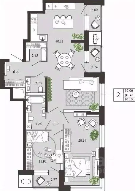 2-к кв. Тульская область, Тула ул. Фридриха Энгельса, 74 (101.05 м) - Фото 1