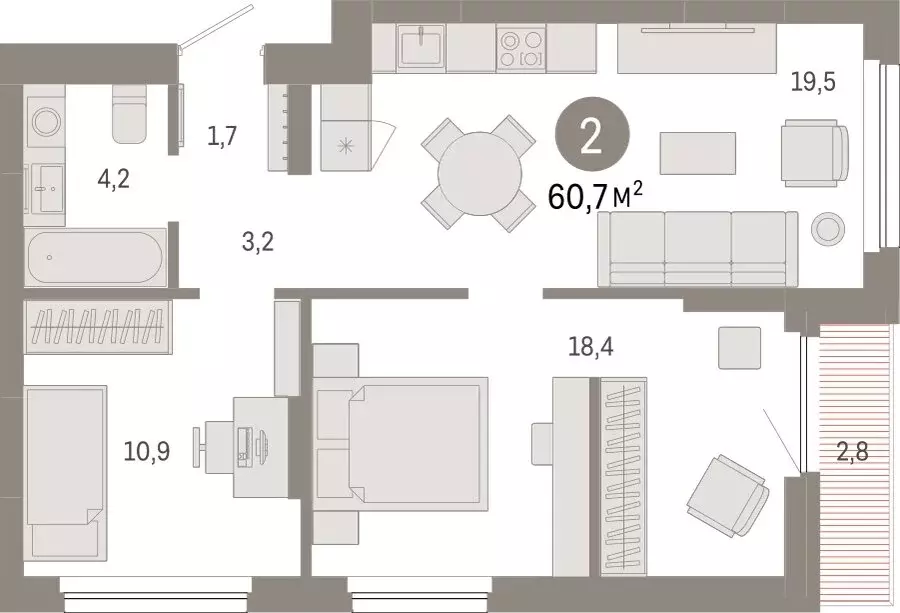 2-комнатная квартира: Новосибирск, квартал Лебедевский (60.7 м) - Фото 1