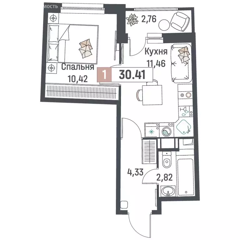 1-комнатная квартира: Мурино, жилой комплекс Авиатор (30.41 м) - Фото 1