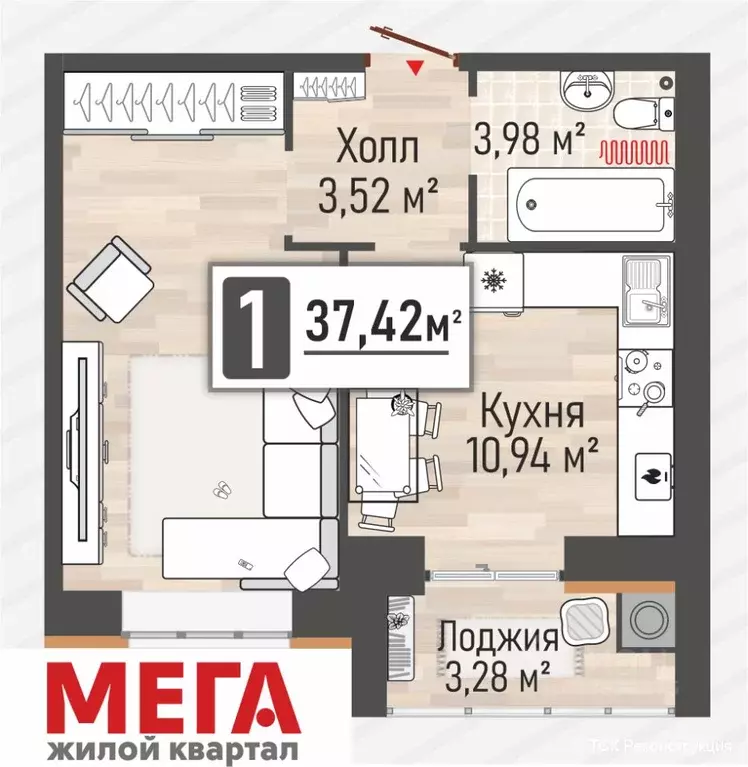 1-к кв. Рязанская область, Рыбное Мега жилой квартал,  (37.42 м) - Фото 0