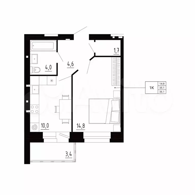 1-к. квартира, 36,1 м, 2/8 эт. - Фото 0