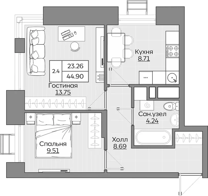 2-к квартира, 44.9 м - Фото 0