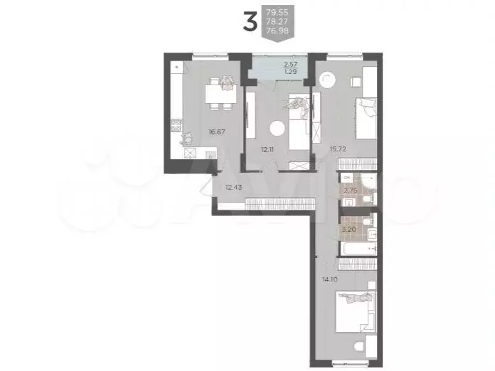 3-к. квартира, 78,3 м, 3/9 эт. - Фото 1